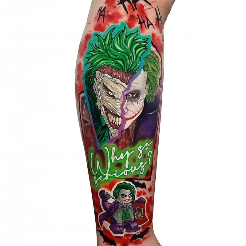 Coringa em art fusion. Realismo colorido, preto e cinza, comics, sticker e aquarela.